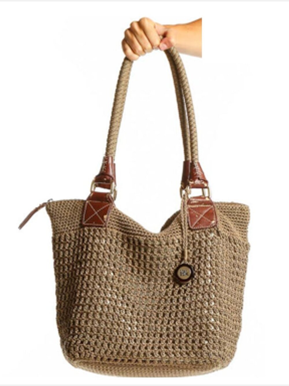 The Sak Cambria Crochet Brown Tote w/ Leather Details Purse Women Large